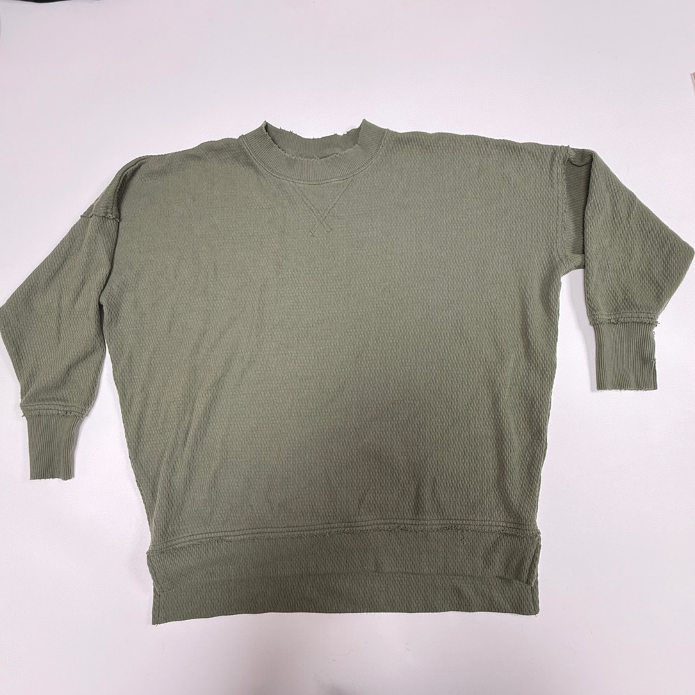 Aerie Oversized Waffle Knit Sweatshirt Olive Green Distressed Pullover